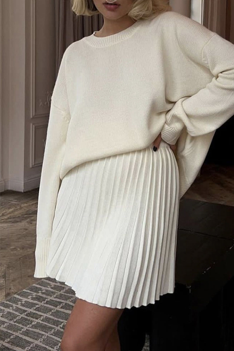 Elegant Solid Color Patchwork Pleated O Neck Long Sleeve Two Pieces