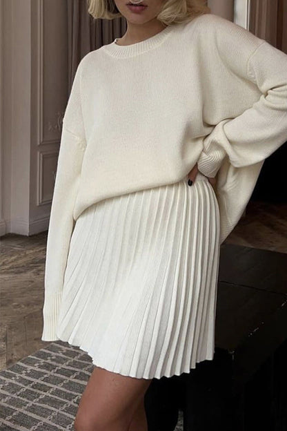 Elegant Solid Color Patchwork Pleated O Neck Long Sleeve Two Pieces