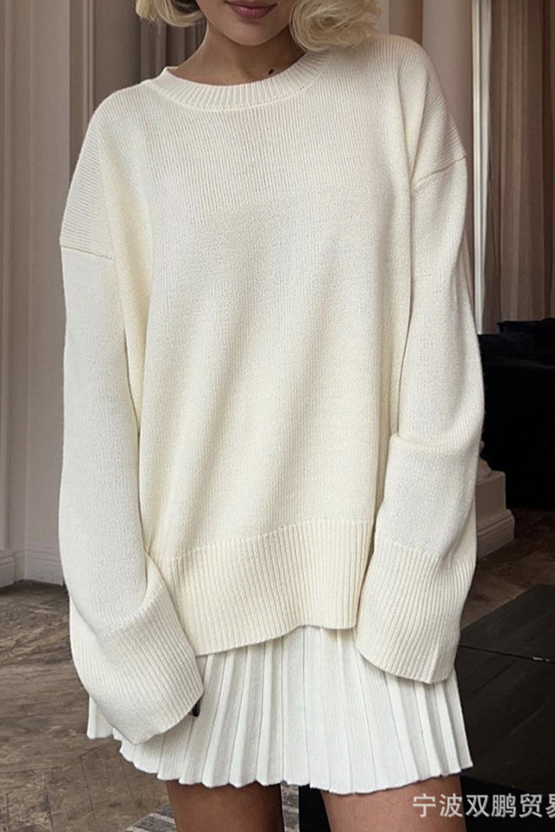 Elegant Solid Color Patchwork Pleated O Neck Long Sleeve Two Pieces