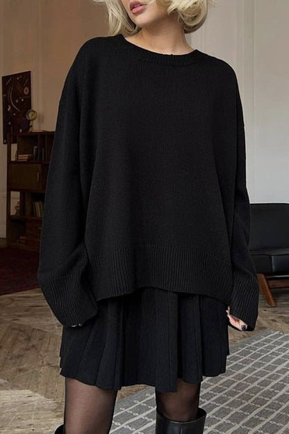 Elegant Solid Color Patchwork Pleated O Neck Long Sleeve Two Pieces