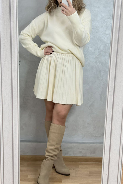 Elegant Solid Color Patchwork Pleated O Neck Long Sleeve Two Pieces