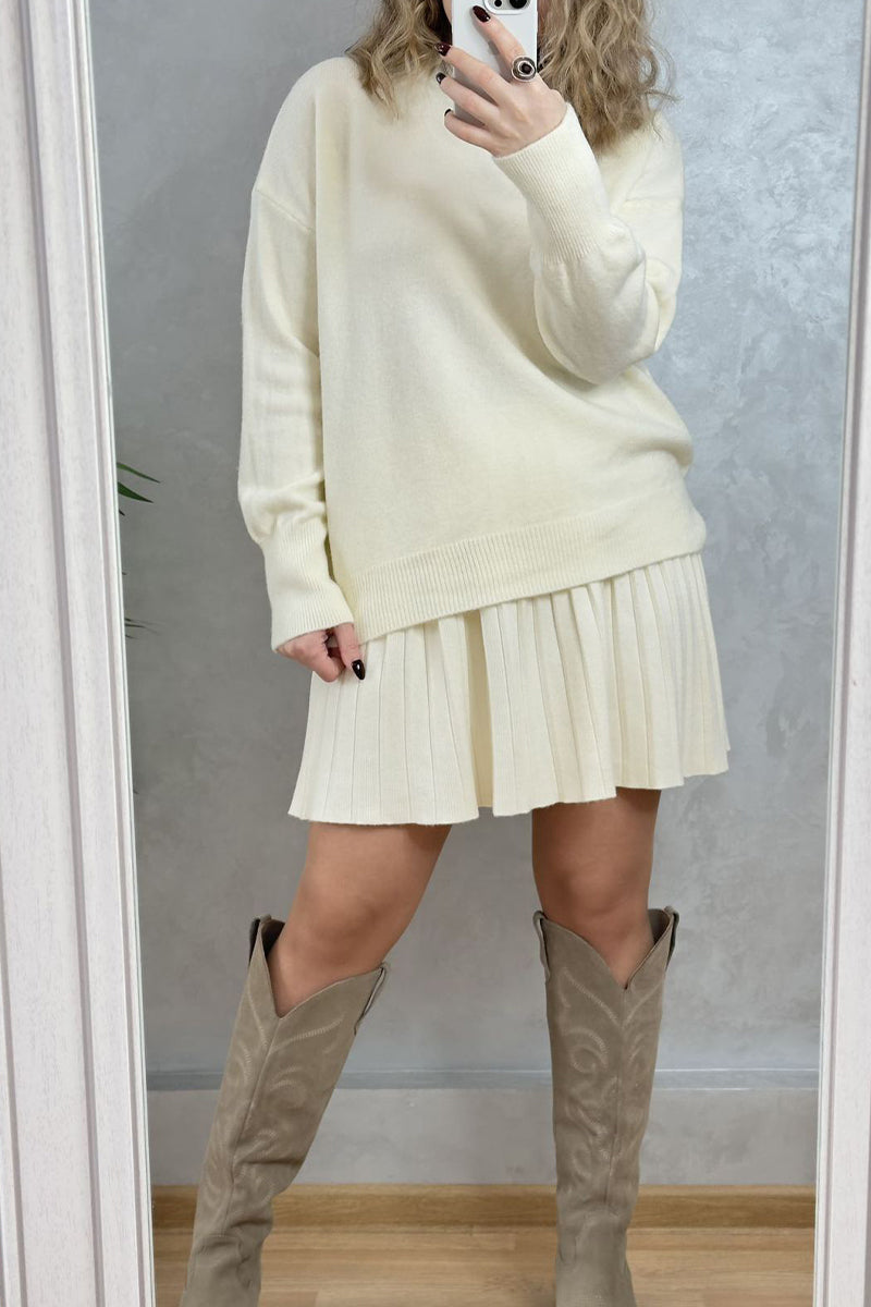 Elegant Solid Color Patchwork Pleated O Neck Long Sleeve Two Pieces