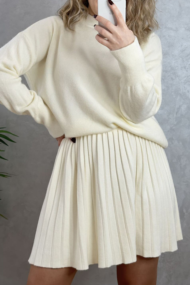 Elegant Solid Color Patchwork Pleated O Neck Long Sleeve Two Pieces