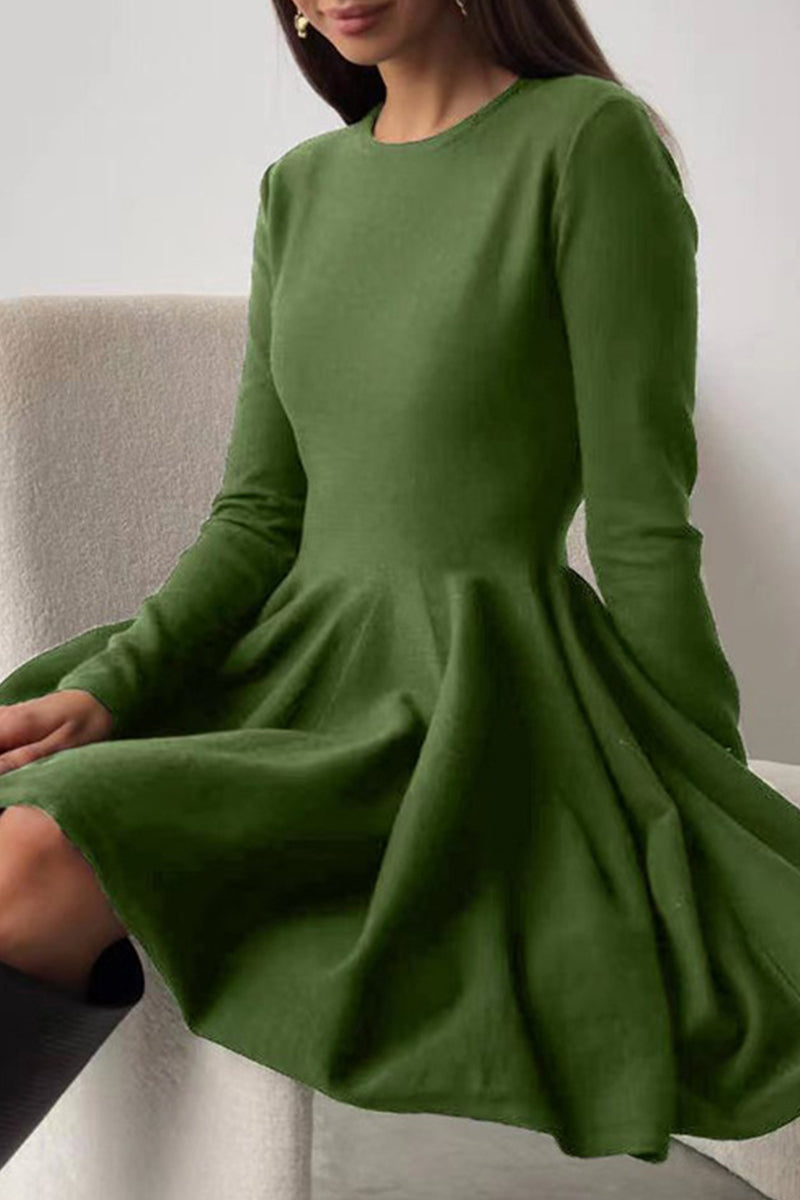 Elegant Solid Color Ruched O Neck Sweater Dress Dresses