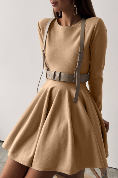 Elegant Solid Color Ruched O Neck Sweater Dress Dresses