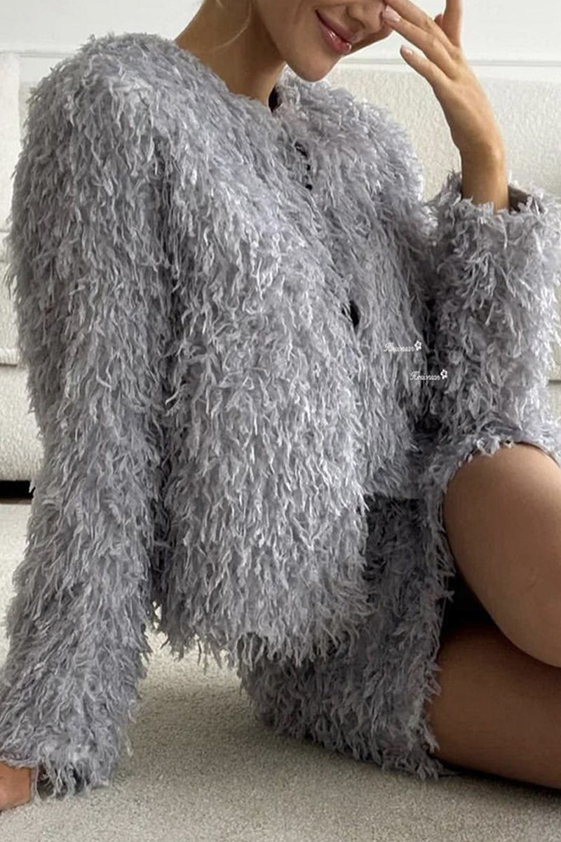 Celebrities Elegant Solid Color Fringed Trim O Neck Long Sleeve Two Pieces