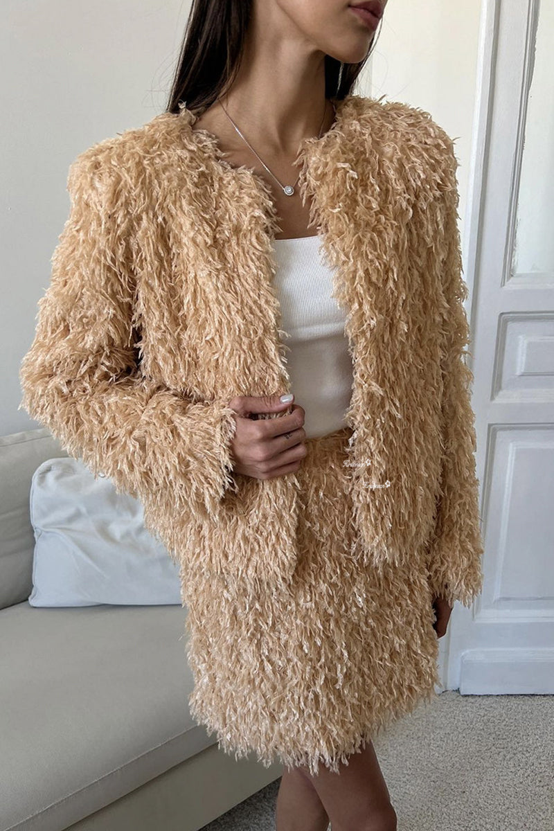 Celebrities Elegant Solid Color Fringed Trim O Neck Long Sleeve Two Pieces