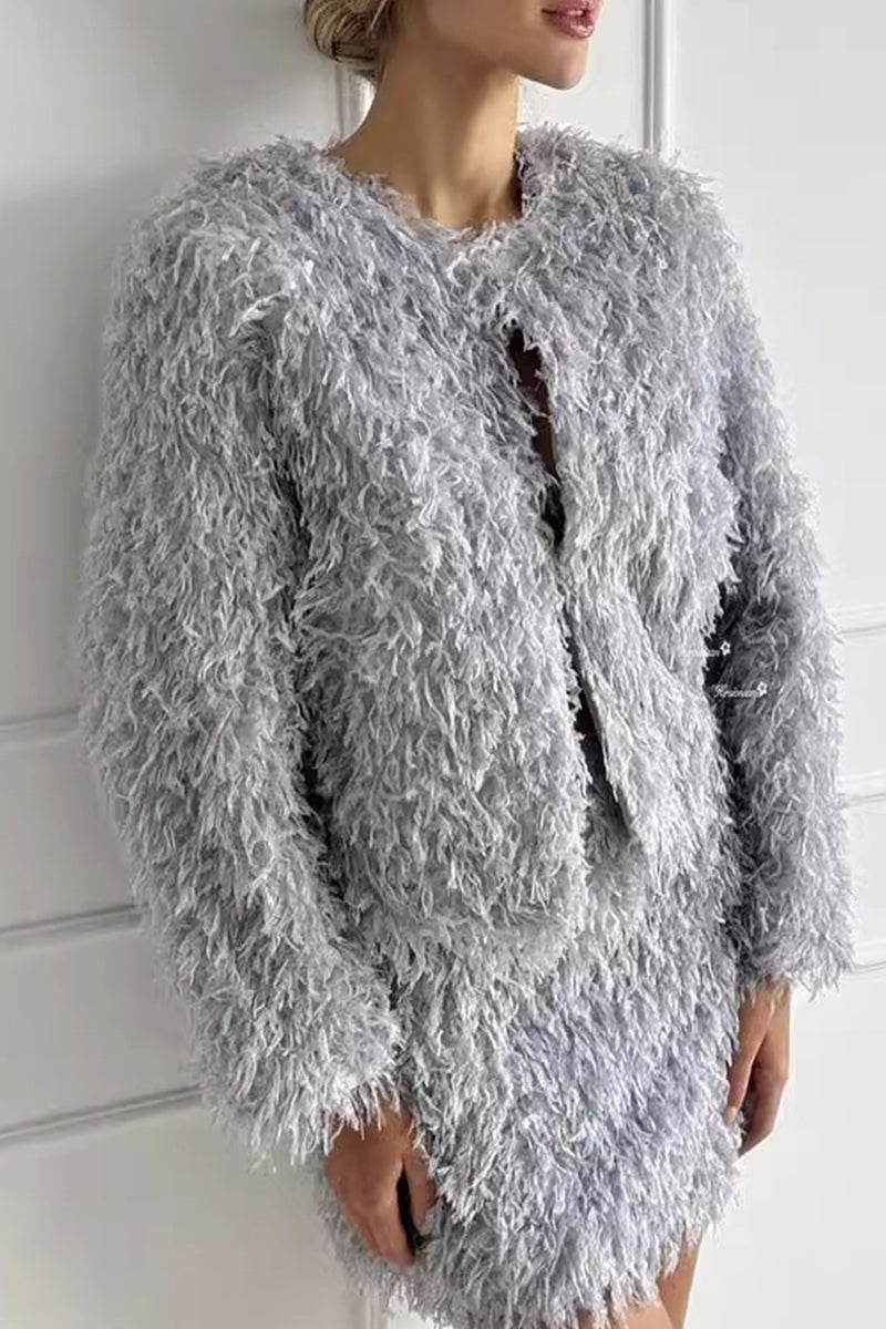 Celebrities Elegant Solid Color Fringed Trim O Neck Long Sleeve Two Pieces