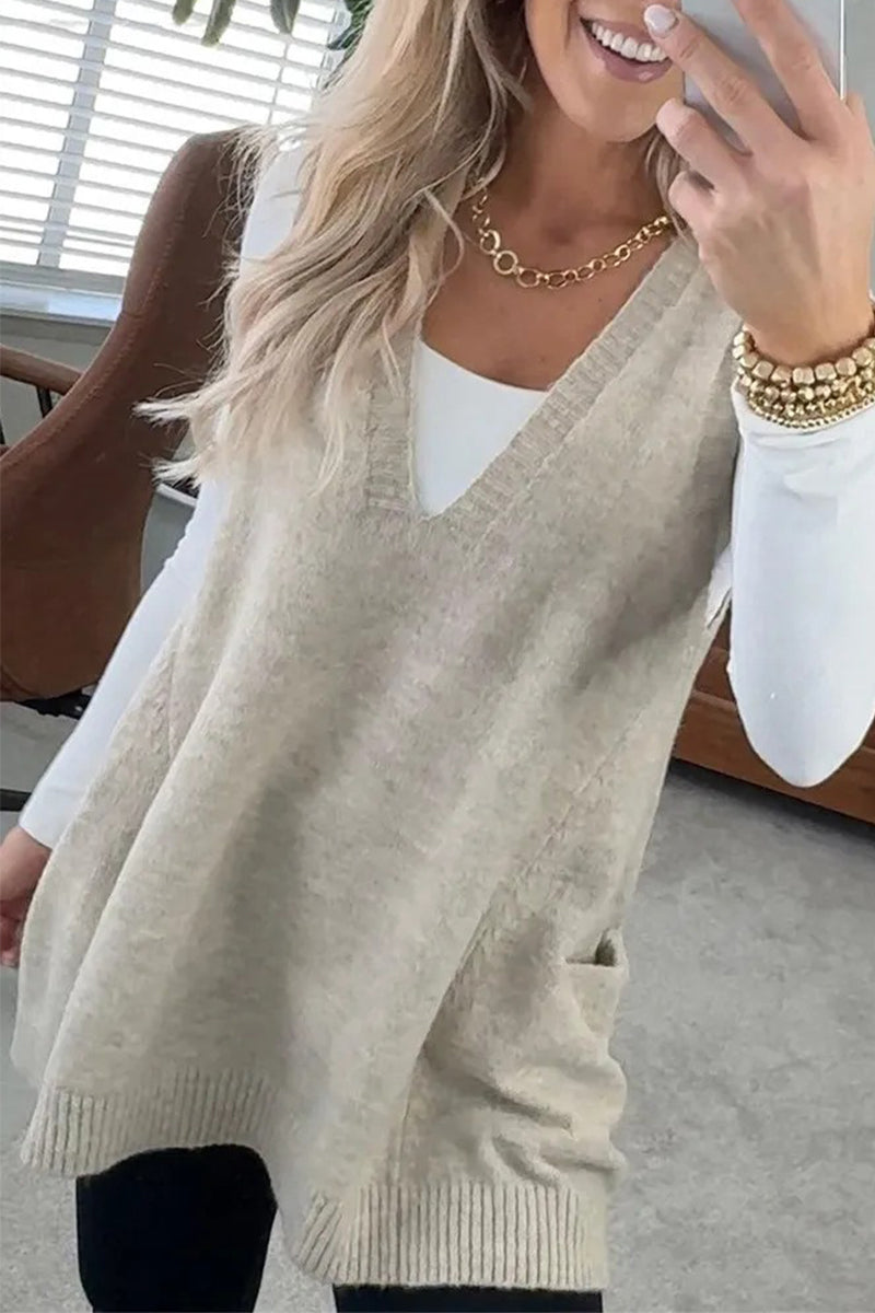 Casual Daily Solid Color Pocket V Neck Tops