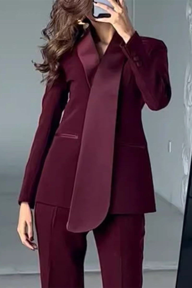 Casual Solid Color Patchwork Turn-back Collar Long Sleeve Two Pieces