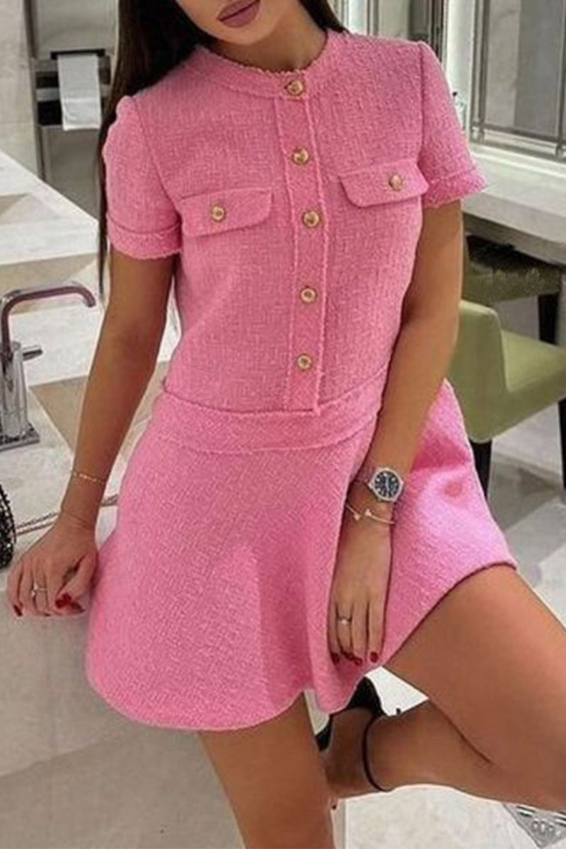 Elegant Solid Color Buttons Patchwork O Neck A Line Short Sleeve Dress
