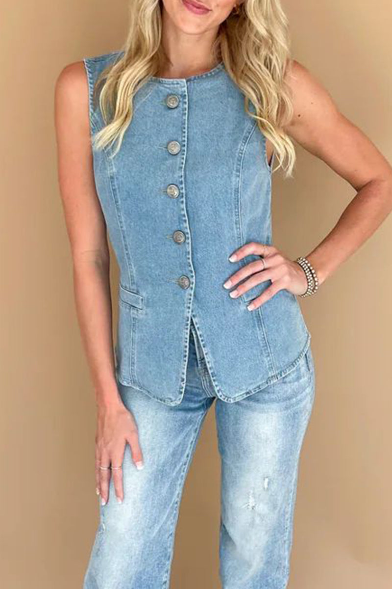 Casual Daily Solid Color Buttons O Neck Sleeveless Regular Denim Jacket