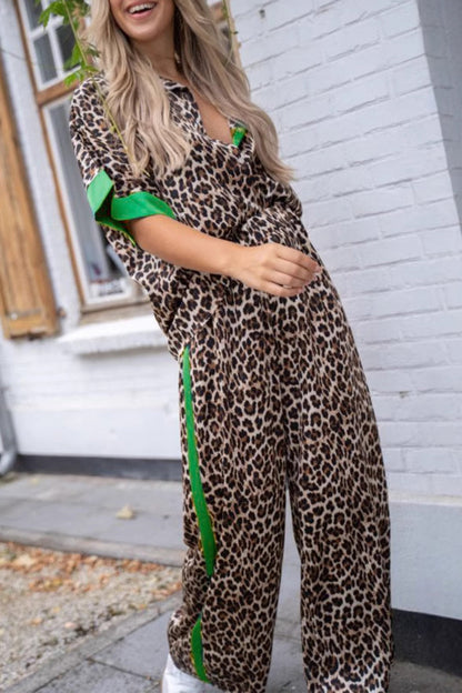 Casual Street Leopard Patchwork Turndown Collar Short Sleeve Two Pieces