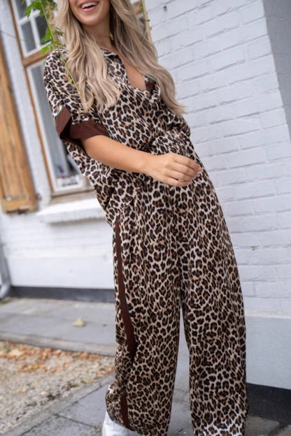 Casual Street Leopard Patchwork Turndown Collar Short Sleeve Two Pieces