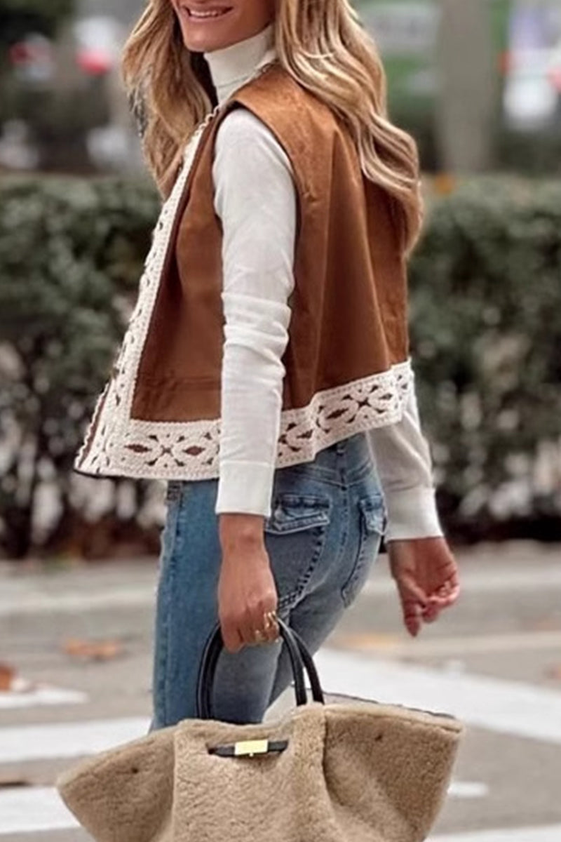 Casual Solid Color Lace Patchwork O Neck Tops