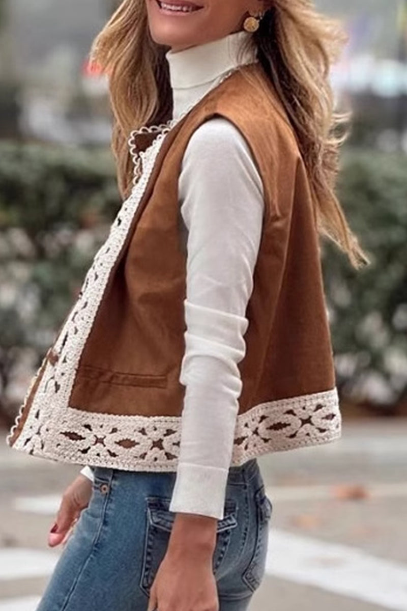 Casual Solid Color Lace Patchwork O Neck Tops