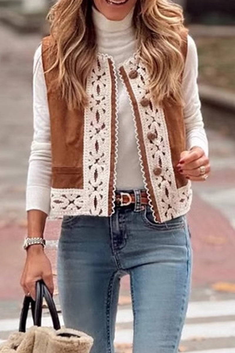 Casual Solid Color Lace Patchwork O Neck Tops
