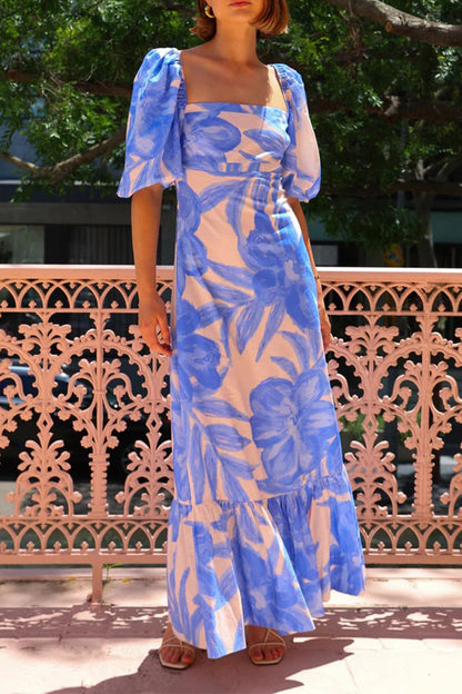Elegant Floral Print Ruffle Contrast Square Neck A Line Dresses