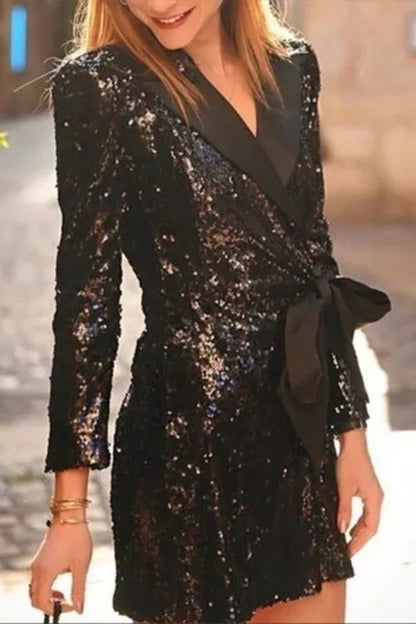 Sexy Solid Color Sequins Lace Up Turn-back Collar Suit Dresses