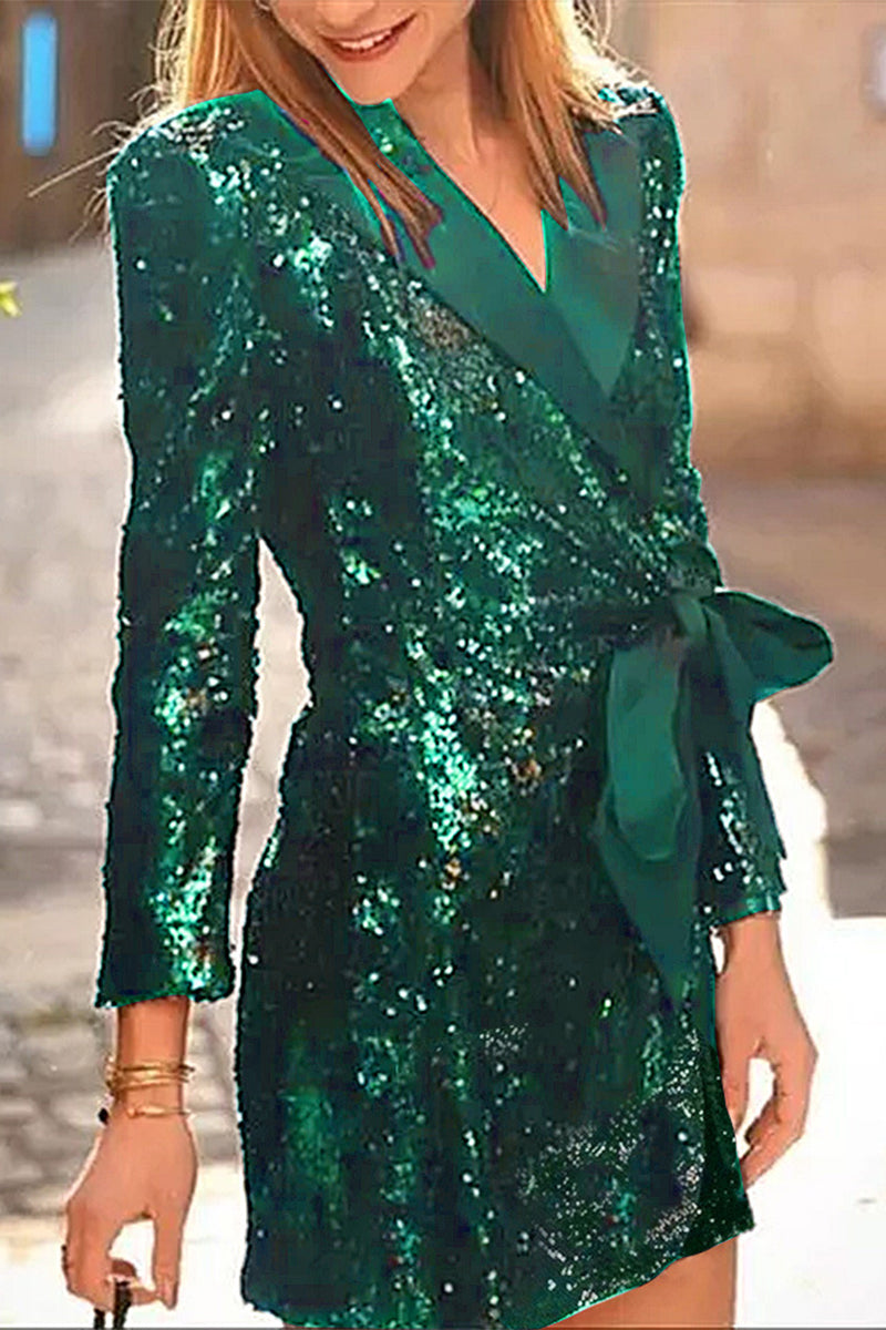 Sexy Solid Color Sequins Lace Up Turn-back Collar Suit Dresses