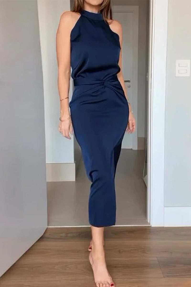 Sexy Solid Color Slit Ruched Halter Sleeveless Two Pieces