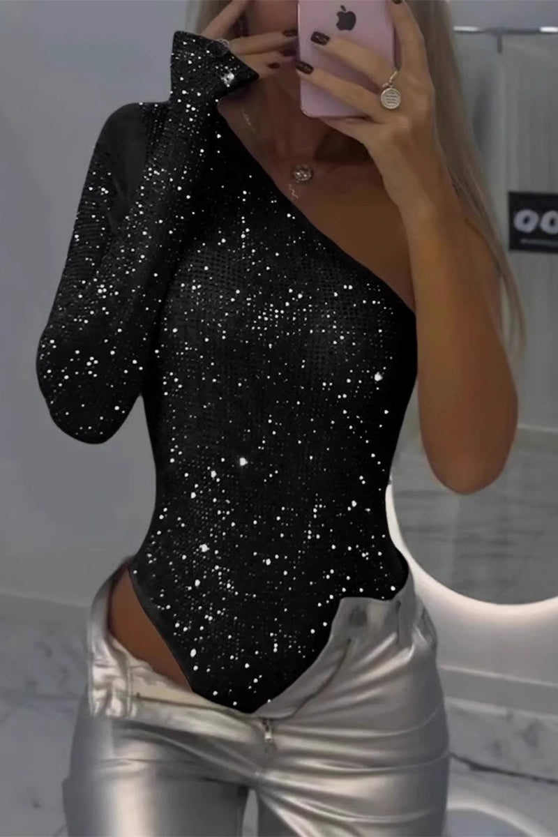 Sexy Solid Color Sequins Sequined Sloping Shoulder Skinny Bodysuits