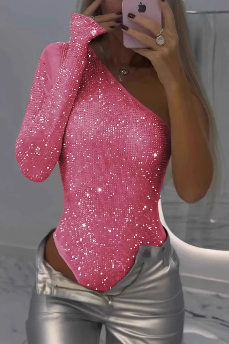Sexy Solid Color Sequins Sequined Sloping Shoulder Skinny Bodysuits