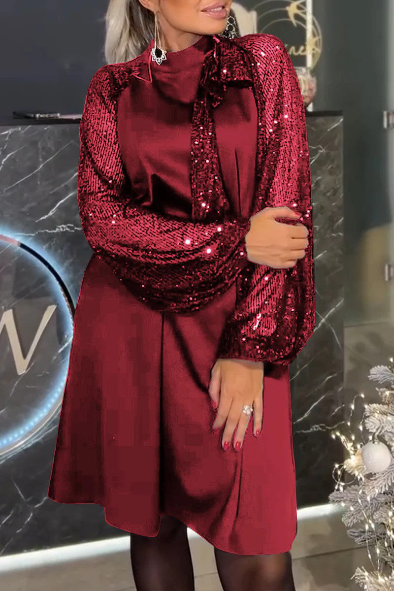 Elegant Solid Color Sequins Sequined Half A Turtleneck A Line Dresses
