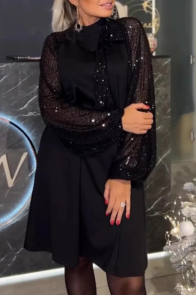 Elegant Solid Color Sequins Sequined Half A Turtleneck A Line Dresses