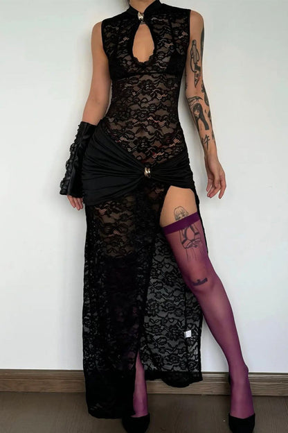 Sexy Solid Color Lace Hollow Out Slit O Neck One Step Skirt Dresses