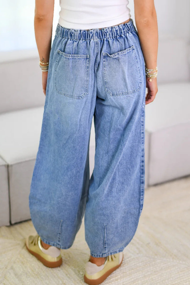 Casual Solid Color Distressed Pocket Lace Up Mid Waist Loose Denim Jeans