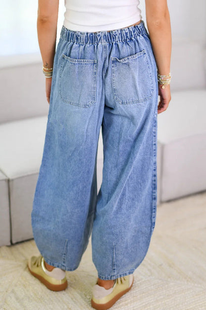 Casual Solid Color Distressed Pocket Lace Up Mid Waist Loose Denim Jeans