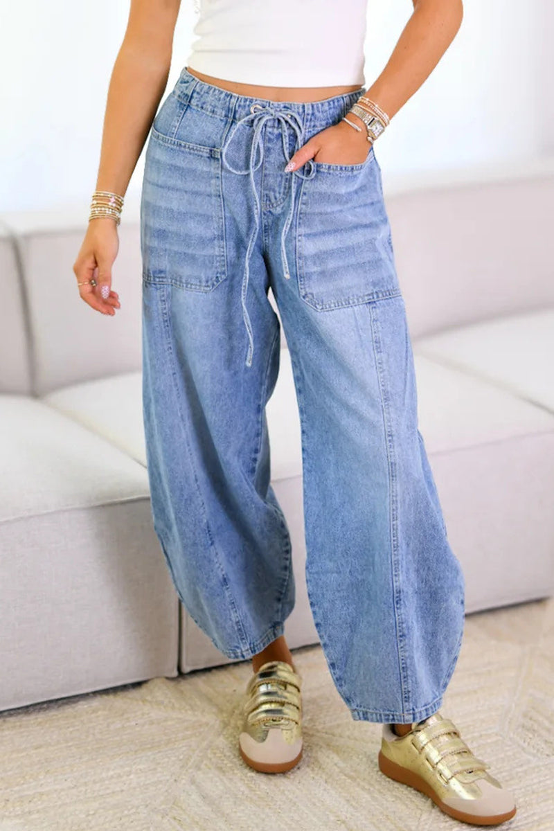 Casual Solid Color Distressed Pocket Lace Up Mid Waist Loose Denim Jeans