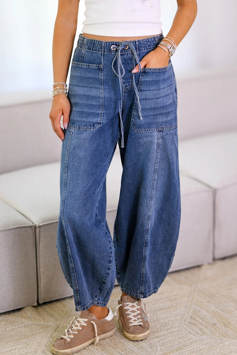 Casual Solid Color Distressed Pocket Lace Up Mid Waist Loose Denim Jeans
