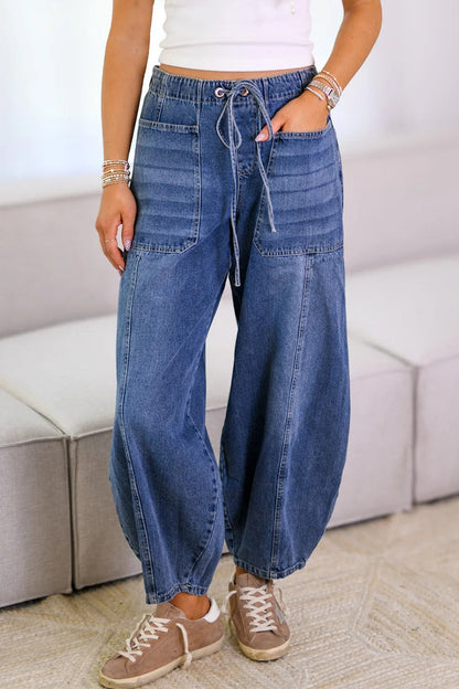 Casual Solid Color Distressed Pocket Lace Up Mid Waist Loose Denim Jeans
