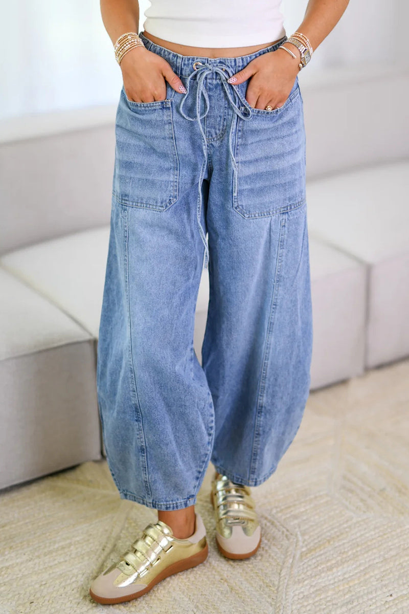 Casual Solid Color Distressed Pocket Lace Up Mid Waist Loose Denim Jeans
