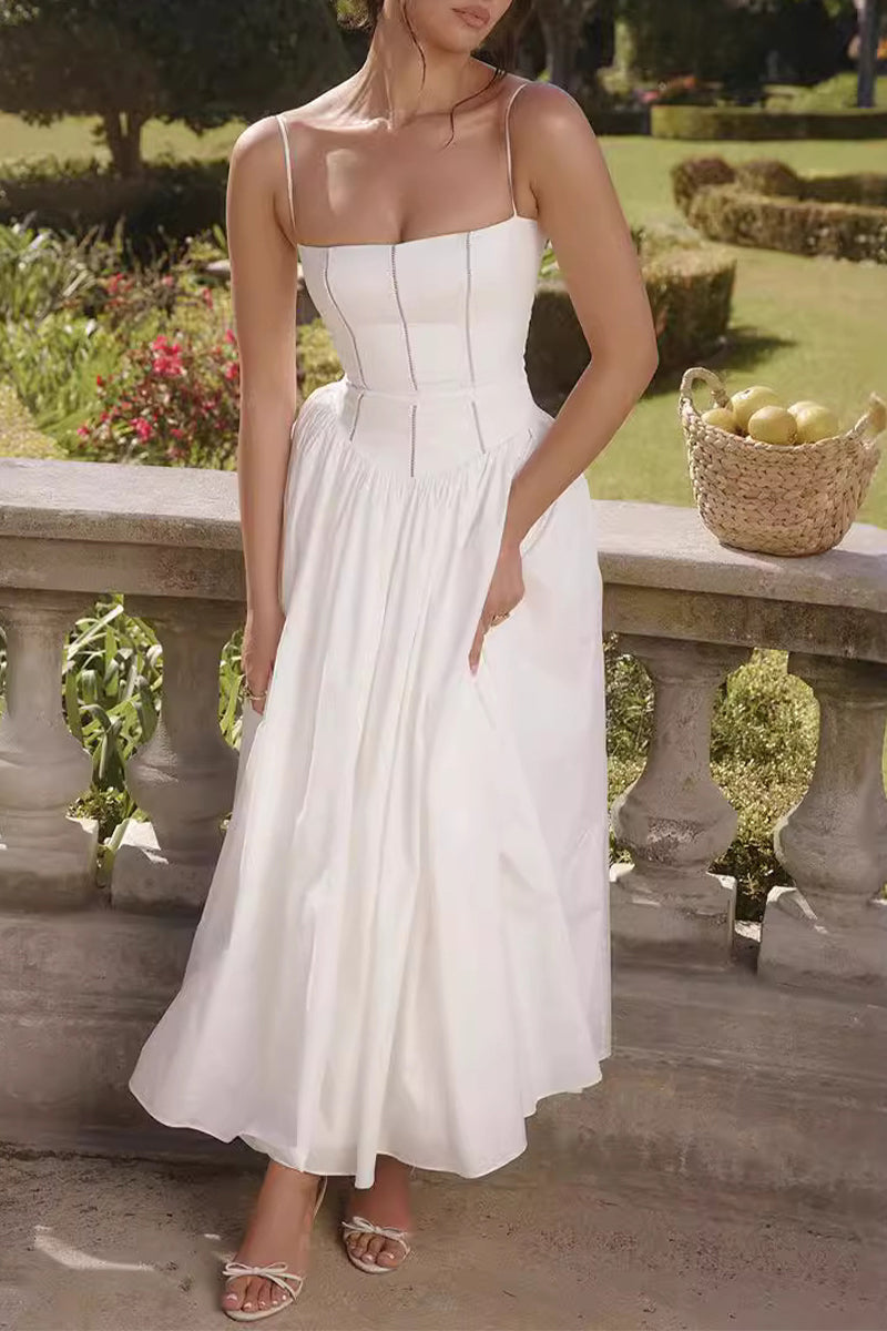 Elegant Solid Color Patchwork Square Neck Sling Dresses