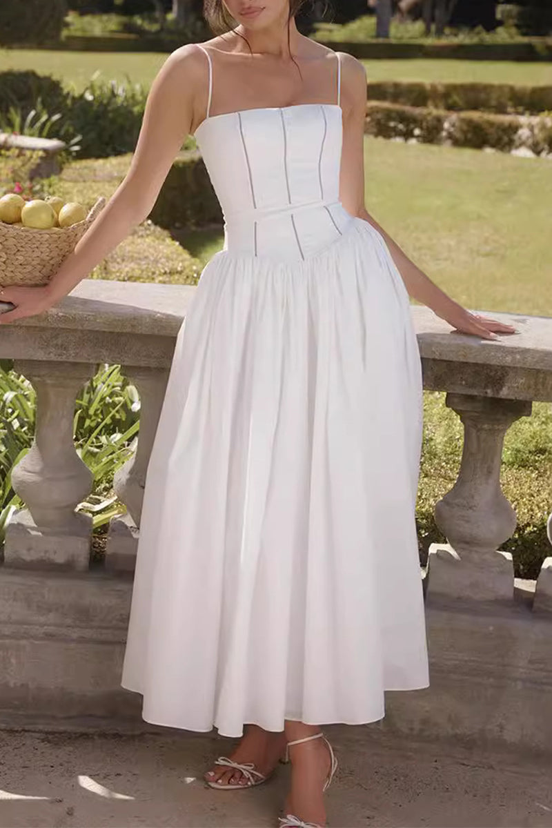 Elegant Solid Color Patchwork Square Neck Sling Dresses