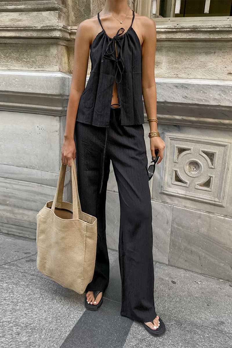 Sexy Solid Color Pocket Strap Design Halter Sleeveless Two Pieces