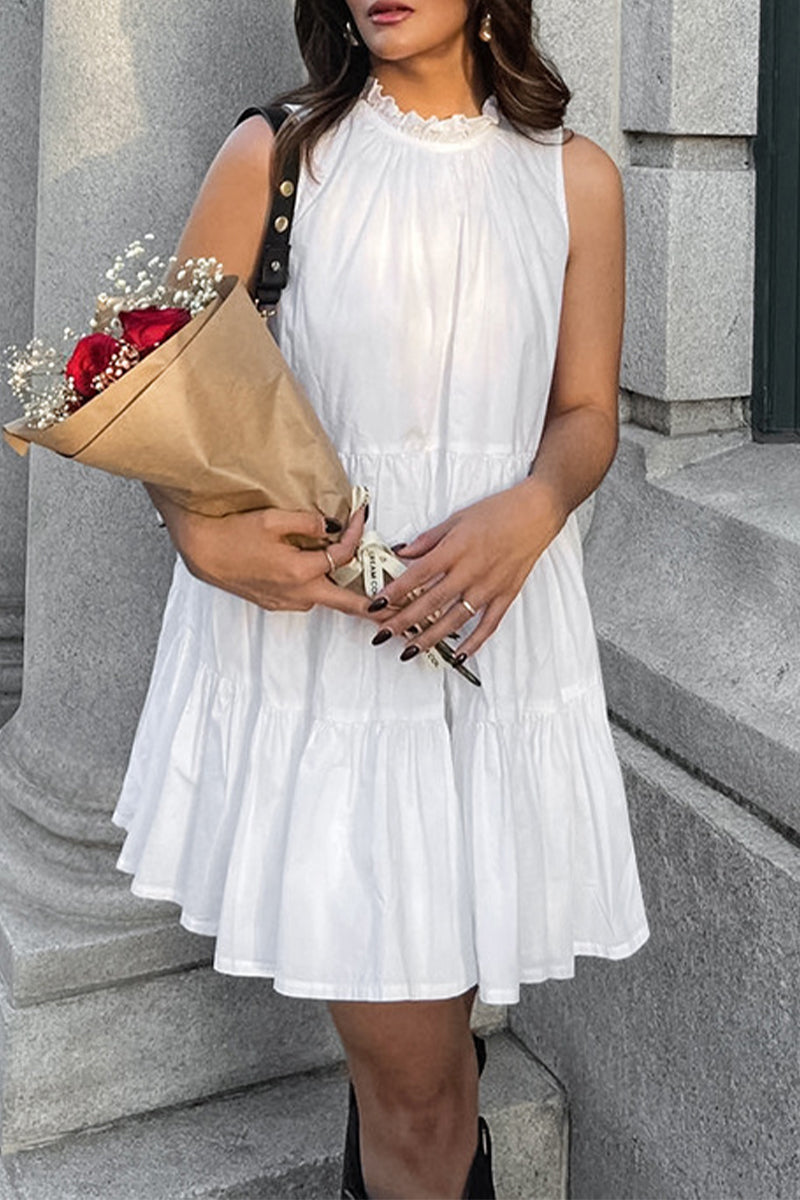 Casual Solid Color Patchwork Ruffle O Neck Sleeveless Dresses
