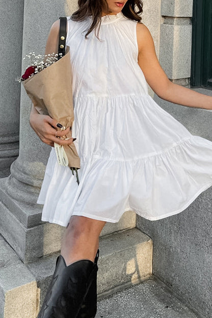 Casual Solid Color Patchwork Ruffle O Neck Sleeveless Dresses