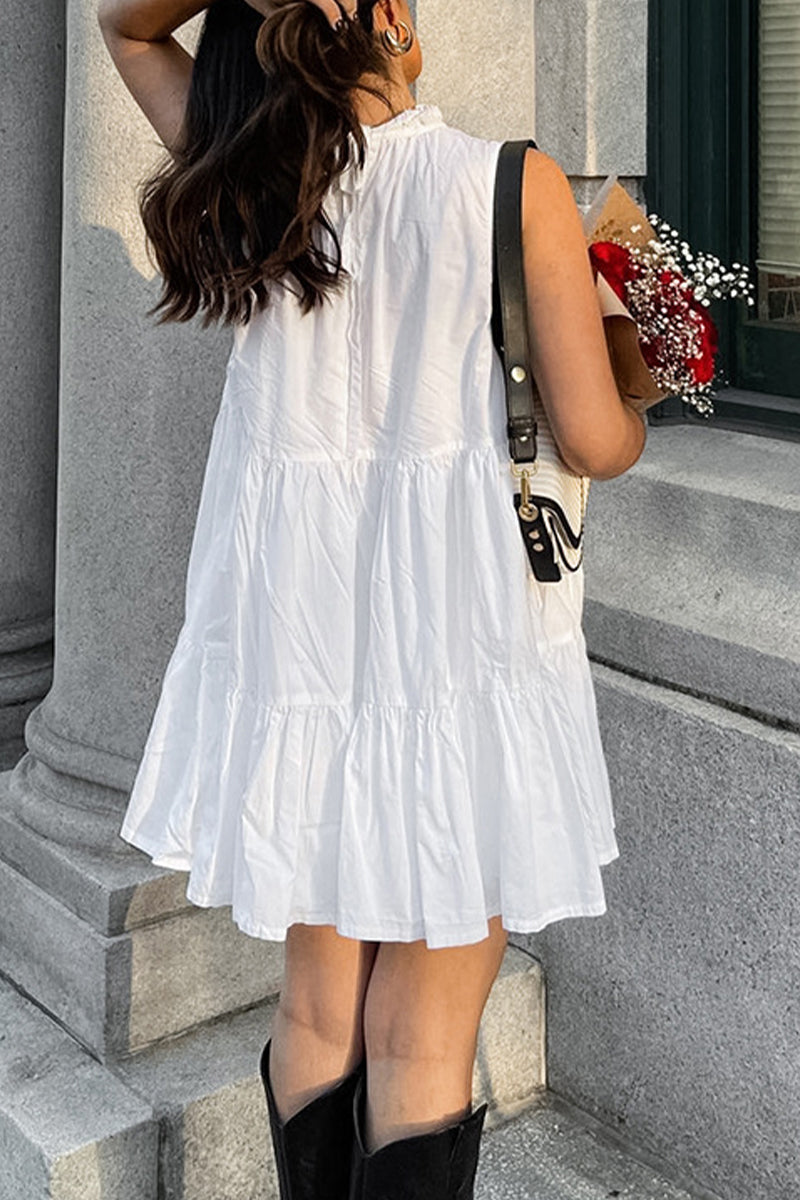 Casual Solid Color Patchwork Ruffle O Neck Sleeveless Dresses