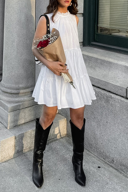 Casual Solid Color Patchwork Ruffle O Neck Sleeveless Dresses