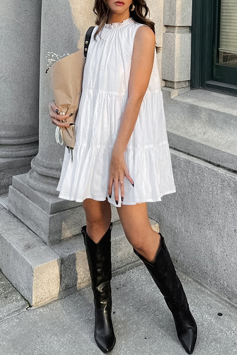 Casual Solid Color Patchwork Ruffle O Neck Sleeveless Dresses