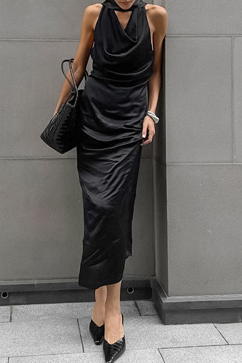 Sexy Solid Color Lace Up Halter One Step Skirt Dresses