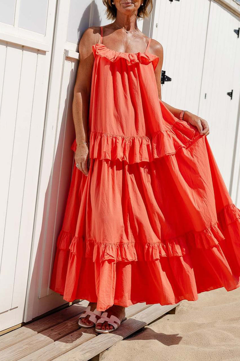 Sexy Solid Color Ruffle Flounce U Neck Sling Dresses