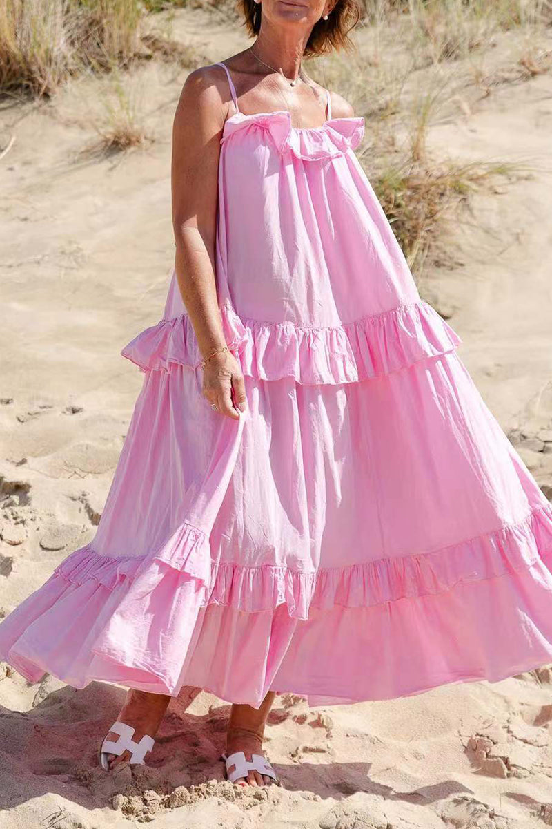 Sexy Solid Color Ruffle Flounce U Neck Sling Dresses