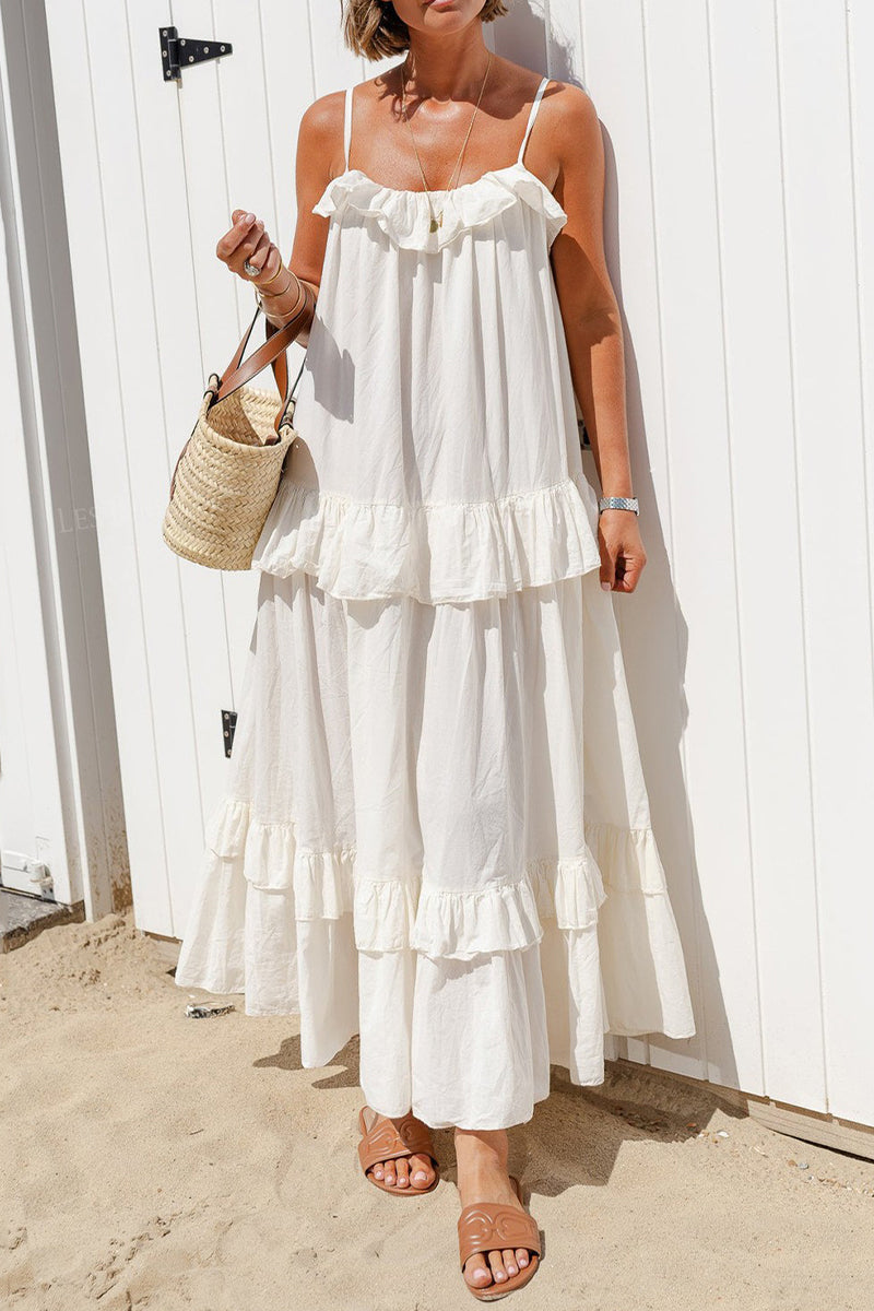 Sexy Solid Color Ruffle Flounce U Neck Sling Dresses