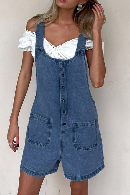 Casual Solid Color Pocket Buttons U Neck Loose Rompers