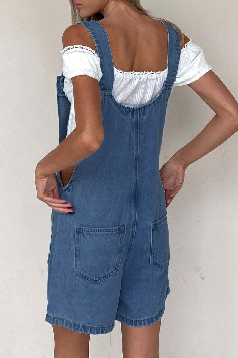Casual Solid Color Pocket Buttons U Neck Loose Rompers